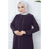 Hafsa Mina Kolları Taşlı Büyük Beden Anne Elbisesi Mor HM2349 - 50
