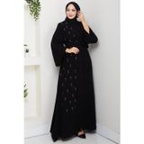 Hafsa Mina Kuşaklı Çiçek Taşlı Ferace Siyah HM2853