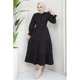 Hafsa Mina Önü Fırfırlı Kolu Bağlamalı Elbise Siyah - 48
