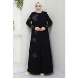 hafsamina Büyük Beden Lale Taşlı Anne Elbisesi Siyah HM2692