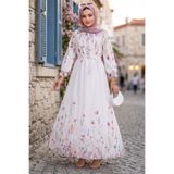 hafsamina Çiçek Desenli Astarlı Kuşaklı Elbise Beyaz HM2923