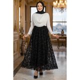 hafsamina Flok Baskılı Astarlı Çiçek Desenli Tül Etek Siyah HM2902