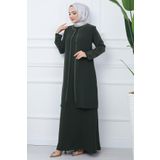 hafsamina Kolları Taşlı Büyük Beden Anne Elbisesi Haki HM2349