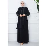 hafsamina Kolları Taşlı Büyük Beden Anne Elbisesi Siyah HM2349