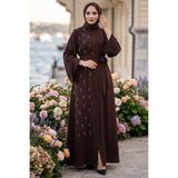 hafsamina Kuşaklı Çiçek Taşlı Ferace Kahverengi HM2853