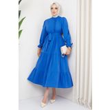 hafsamina Önü Fırfırlı Kolu Bağlamalı Elbise İndigo HM2078