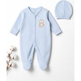 Hafy Baby Ayıcık Nakışlı %100 Pamuk Waffle Erkek Bebek Patikli Tulum ve Bere 2'li Set - Buz Mavi - 6 - 9 Ay