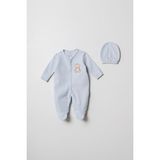 Hafy Baby Ayıcık Nakışlı, Patikli, Erkek Bebek Tulumu ve Bere Seti - Mavi - 6 - 9 Ay