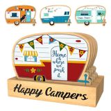 Haigoo 4 adet kamp bardak altlığı seti, Happy Camper bambu içecek bardak altlığı, kamp severler için kamp hediyeleri, kadın erkek, fincan çeşitlerine uygun, sehpa, kamp dekoru