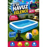 Hak-İş Oyuncak 3'lü Havuz Eğlence Seti | 262X175X50 cm Dikdörtgen Şişme Havuz + 30 cm Çift Fonksiyon El Pompası + 51 cm Deniz / Plaj Topu