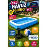 Hak-İş Oyuncak 3'lü Havuz Eğlence Seti | 300X183X50 cm Dikdörtgen Şişme Havuz + 30 cm Çift Fonksiyon El Pompası + 51 cm Deniz / Plaj Topu