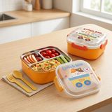 Hakay Deconox 600 ml Paslanmaz Çelik Yemek Kabı, 4 Bölmeli Kilitli Lunch Box, Çatal Kaşık Dahil Renkli Desenli Saklama ve Taşıma Kabı, 14X14X8 cm - Adaçayı