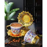 Hakay Topkapı Türk Kahvesi Fincan Seti, Çiçek Desenli Porselen, 2 Kişilik, Altın ve Gümüş Çiçek Motifli Döküm Metal Tabaklı, Geleneksel Tasarım (Gold)