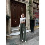 Haki Beli Lastikli Çilek Kumaş Kadın Pantolon