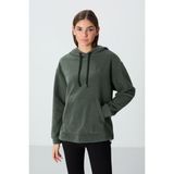Haki Kalın Yumuşak Dokulu Kapüşonlu Oversize Nakışlı Polar Kadın Sweatshirt - 97292 - 2XL