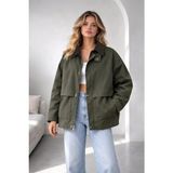 Haki Oversize Kadife Yaka ve Çıtçıt Detaylı Unisex Mevsimlik Mont&ceket