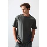 Haki Pamuklu Kalın Yumuşak Dokulu Oversize Fit Basic Erkek T-Shirt - 88377