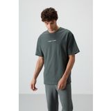 Haki Pamuklu Kalın Yüzeyi Dokulu Oversize Fit Baskılı Erkek T-Shirt - 88372