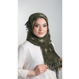 Haki Pratik Hazır Geçmeli Tesettür Eşarp Kesik Elyaf Piliseli Çiçek Desenli 1818D6_09