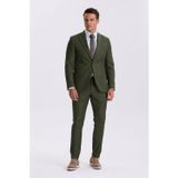 Haki Slim Fit Mono Yaka Tensel Kumaş Çift Yırtmaç Torba Cepli Takım Elbise