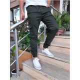 Haki Slim Fit None Denim Yandan Cepli Bel Bağcıklı, Paçaları Lastikli Erkek Kargo Pantolon Haki