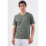 Haki V Yaka Pamuklu Düz Renk Slim Fit Erkek T-shirt - 2XL