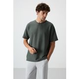 Haki Waffle İnterlok Yüzeyi Dokulu Oversize Fit Basic Erkek T-Shirt - 88379