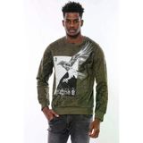 Haki Yeşil No Regrets Kartal Baskılı Taşlı Bisiklet Yaka Sweatshirt | Wessi