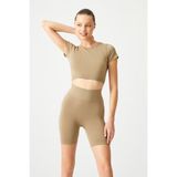 Haki Yüksek Bel Dikişsiz Toparlayıcı Kısa Spor Tayt Seamless Biker - Vizon