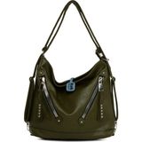 Haki Yumuşak Dokulu Çift Çapraz Fermuarlı Askılı ve Sırt Salaş Çanta - En:38 cm Boy:33 Cm Genislik:12 Cm