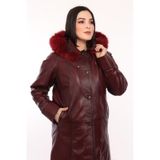 Hakiki Deri Bordo Kapşon Kürklü Kadın Ceket