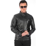 Hakiki Deri Erkek Ceket | Yaka Tokalı Spor Model - XL - Siyah