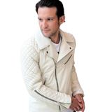 Hakiki Deri Fildişi Renk Erkek Biker Mont, Kapitone Kollu, Fermuarlı (Fildişi renk, 6XL)