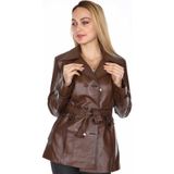 Hakiki Deri Kahverengi Kemerli Düğmeli Kadın Ceket - 2XL - 0-Kahverengi