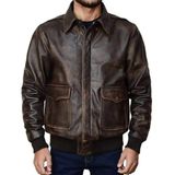 Hakiki Deri Pilot Ceket, Eskitilmiş Kahverengi, Gömlek Yaka, Trikolu Bel (Eskitme Kahverengi, 2XL)
