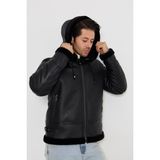 Hakiki Deri Pilot Mont, Kapüşonlu, Içi Hakiki Kürklü, Siyah, Çıkarılabilir Kapüşon - 501122 - 3XL