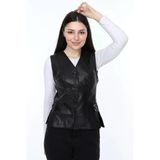 Hakiki Deri Siyah Alanzo Düğmeli Kadın Deri Yelek