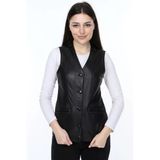 Hakiki Deri Siyah Tiago Düğmeli Kadın Deri Yelek