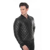 Hakiki Erkek Deri Kolej Modeli Hakim Yaka Siyah Baklava Desenli Bomber Mont/Ceket