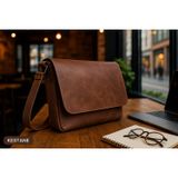 Hakiki Eskitme Deri Postacı Çantası - El Yapımı Omuz & Laptop Çantası (Evrak & İş Çantası) Büyük