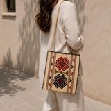 Hakiki Karacakılavuz Dimi Dokuması Koç Boynuzu Motifli Bej Büyük Çanta 35X30 cm - 35 x 30 cm