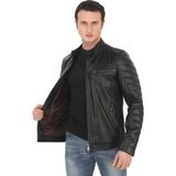 Hakiki Kuzu Derisi Ceket Siyah Biker Mont Kapitone Kollu Slim Fit El Yapımı Derimont - 3XL