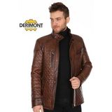 Hakiki Kuzu Derisi Kahverengi Erkek Deri Mont İşlemeli Fermuarlı Deri Ceket