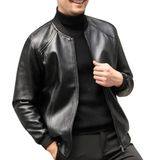 Hakiki Kuzu Derisi Spor Ceket, Beyzbol Tarzı, Fermuarlı, Siyah, Ribanalı (Siyah, S)