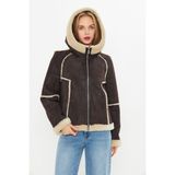 Hakiki Nubuk Deri Kapüşonlu Oversize Kadın Mont - Içi Kürklü - Kahverengi 65 cm - 115522 - XL