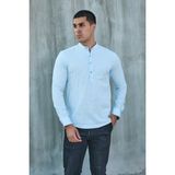 Hakim Yaka Yarım Pat Likra Keten Doku Pamuk Slim Fit Erkek Gömlek - 2XL - Buz Mavi