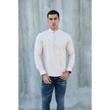 Hakim Yaka Yarım Pat Likra Keten Doku Pamuk Slim Fit Erkek Gömlek - Bej - 2XL