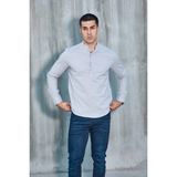 Hakim Yaka Yarım Pat Likra Keten Doku Pamuk Slim Fit Erkek Gömlek - Gri