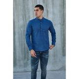 Hakim Yaka Yarım Pat Likra Keten Doku Pamuk Slim Fit Erkek Gömlek - İndigo