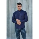 Hakim Yaka Yarım Pat Likra Keten Doku Pamuk Slim Fit Erkek Gömlek - Lacivert